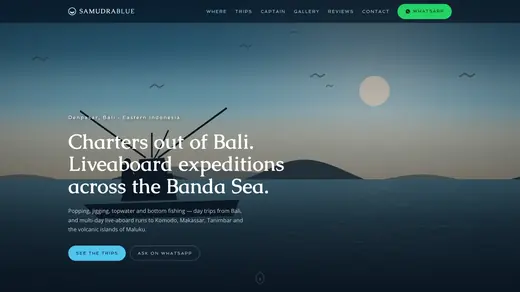 Samudra Blue homepage: a liveaboard charter site with trips and a WhatsApp button